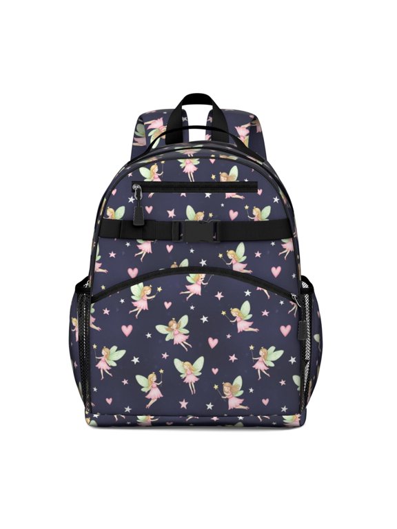 Princess and Fairy Black Pattern Cute School Backpack Bag for School with Padded Back and Adjustable Shoulder Straps 15.25"x11.5"x5.25"