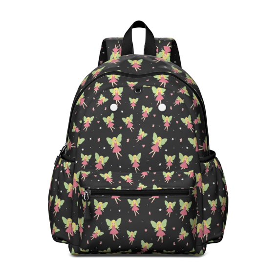 Princess and Fairy Black Pattern Cute School Backpack with Padded Back and Adjustable Shoulder Straps 13.4"x11"x4.7"