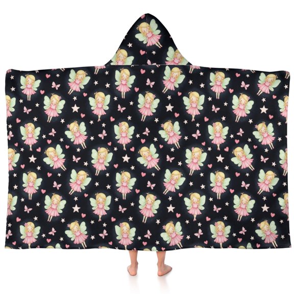 Princess and Fairy Black Pattern Teens Hooded Bath Towel Wrap for Ages 3 To 12,Quick Dry Lightweight Soft Microfiber Bath Beach Pool,60"x35"