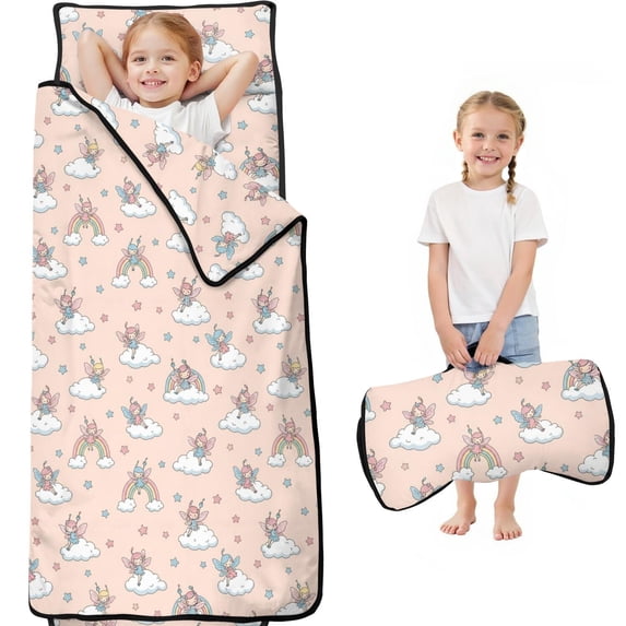 Princess and Fairy Pink Pattern Teens Toddler Nap Mat with Pillow, Sleeping Mat Bag for Preschool Daycare 59"x22"