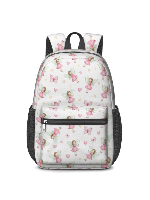 Princess and Fairy White Pattern 17" School Backpacks for Teens,Waterproof Oxford Fabric,S-Shape Padded Straps for School,Travel,Hiking,Camping