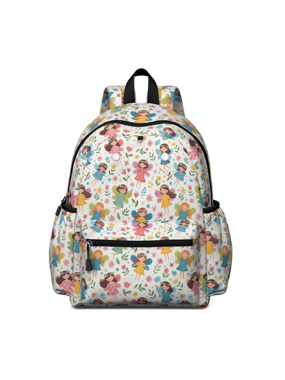 Princess and Fairy White Pattern Backpack for School, Cute School Bag with Adjustable Shoulder Straps and Padded Back, 13.4"x11"x4.7"