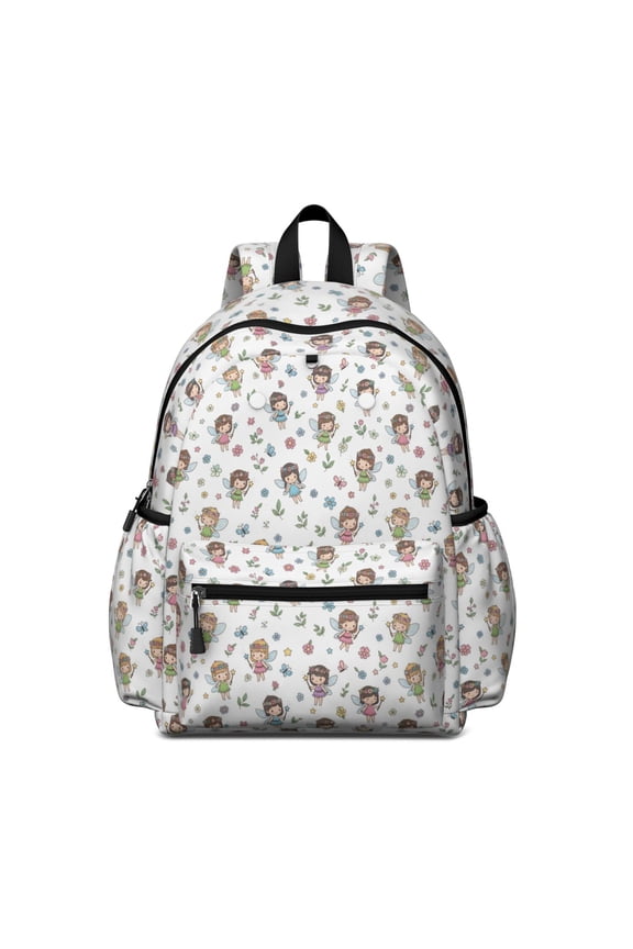 Princess and Fairy White Pattern Backpack for School, Cute School Bag with Adjustable Shoulder Straps and Padded Back, 13.4"x11"x4.7"