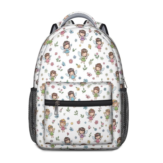 Princess and Fairy White Pattern Backpack for School, Cute School Bag with Adjustable Shoulder Straps and Padded Back, 15.3"x11"x6.7"