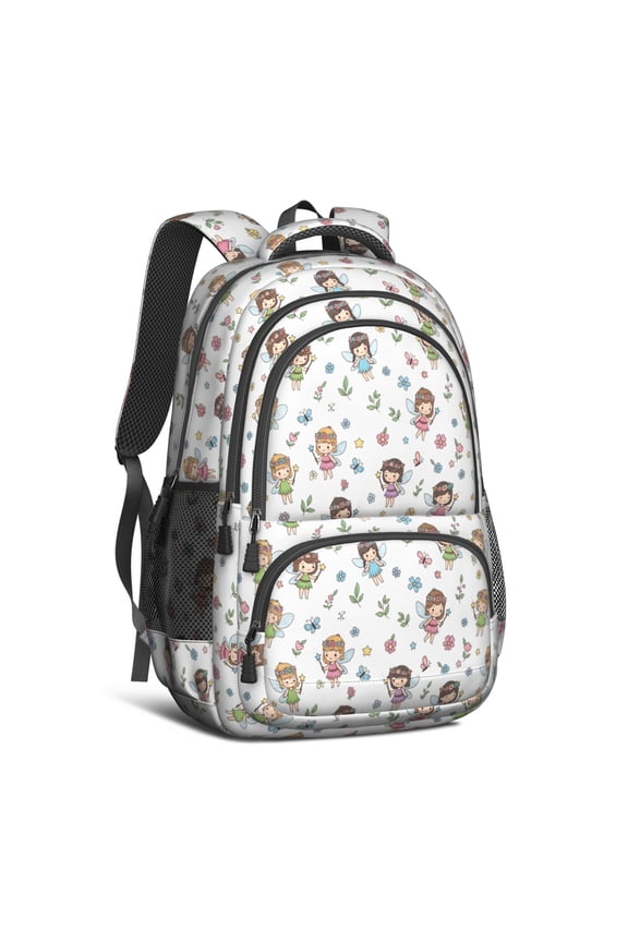 Princess and Fairy White Pattern Backpack for School, Cute School Bag with Adjustable Shoulder Straps and Padded Back, 16.9"x12.6"x5.9"