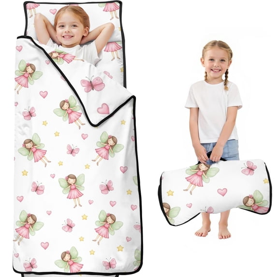 Princess and Fairy White Pattern Teens Toddler Nap Mat with Pillow, Sleeping Mat Bag for Preschool Daycare 60"x20"
