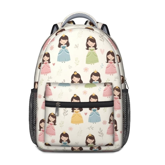 Princess and Flower Beige Pattern Backpack for School, Cute School Bag with Adjustable Shoulder Straps and Padded Back, 15.3"x11"x6.7"