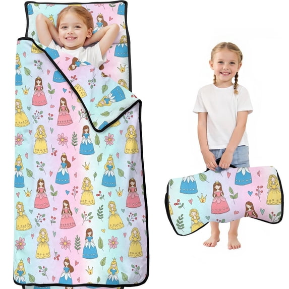 Princess and Flower Gradient Pattern Toddler Nap Mat with Pillow & Blanket, Soft Sleeping Mat for Preschool Daycare Travel Sleepovers