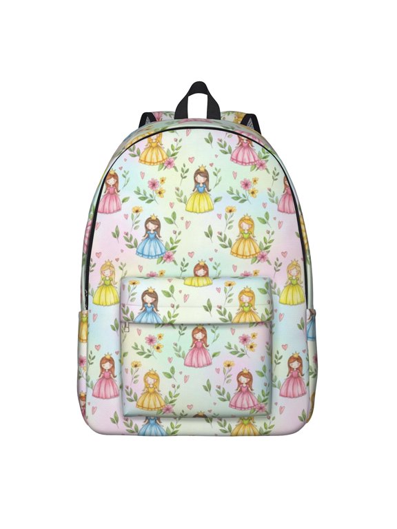 Princess and Flower Green Pattern Backpack for School, Cute School Bag with Adjustable Shoulder Straps and Padded Back, 15.7"x11.8"x5.5"