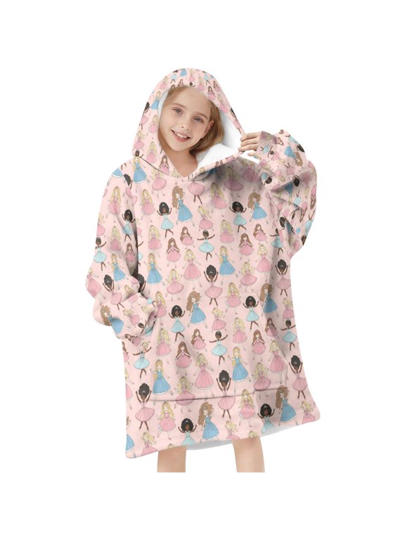 Princess and Girl Pink Pattern Flannel Blanket Hoodies for Teens ,Teens Oversize Sherpa Wearable Hooded Blanket Sweatshirt with Super Pockets