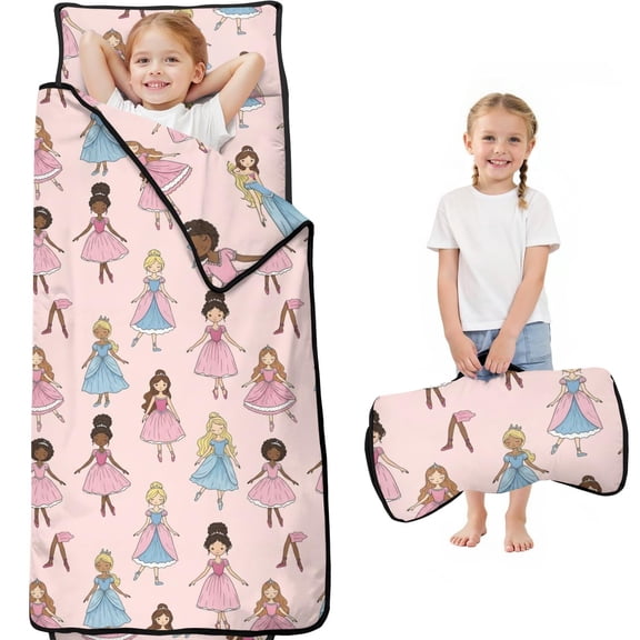 Princess and Girl Pink Pattern Teens Toddler Nap Mat with Pillow, Sleeping Mat Bag for Preschool Daycare 60"x20"