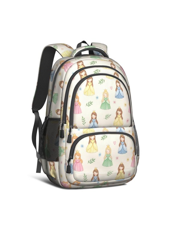 Princess and Heart Beige Pattern Backpack for School, Cute School Bag with Adjustable Shoulder Straps and Padded Back, 16.9"x12.6"x5.9"