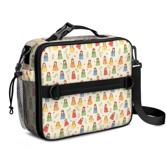 Princess and Heart Beige Pattern Insulated Lunch Bag with Shoulder Strap and Bottle Holder,Bento School Lunch Bag Box,11x9.5x3.5 Inches