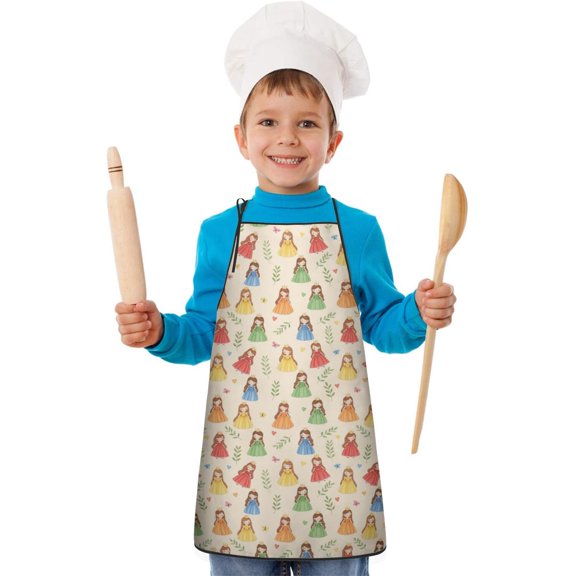 Princess and Heart Beige Pattern Teens Aprons, Adjustable Neck Strap, Toddler & Teens Aprons for Cooking & Baking, 19x23.6 Inches