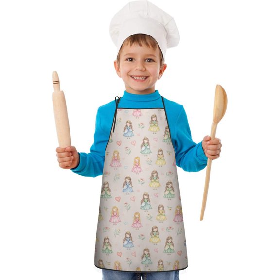 Princess and Heart Beige Pattern Teens Aprons, Adjustable Neck Strap, Toddler & Teens Aprons for Cooking & Baking, 19x23.6 Inches