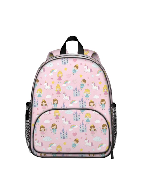 Princess and Knight Pink Pattern Backpack for School, Cute School Bag with Adjustable Shoulder Straps and Padded Back, 13.8"x11.4"x6"