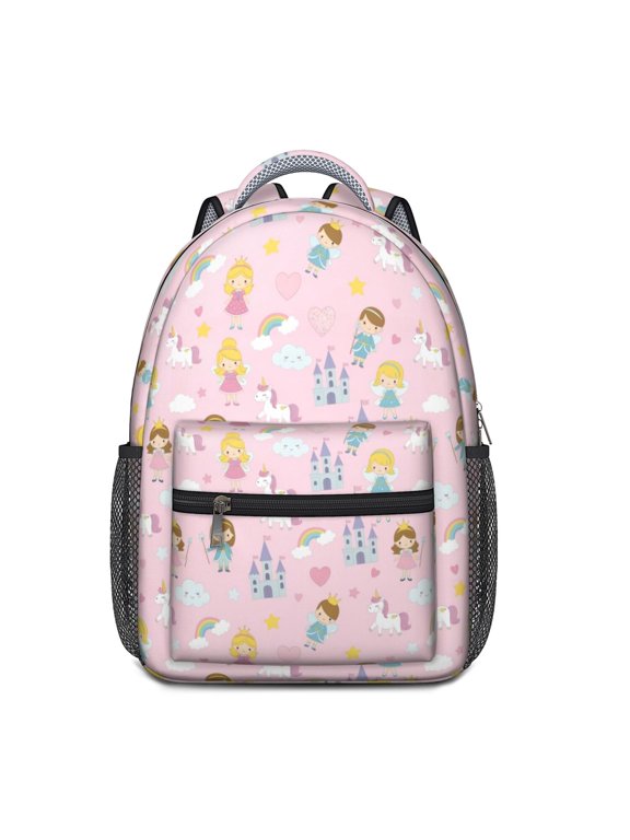 Princess and Knight Pink Pattern Backpack for School, Cute School Bag with Adjustable Shoulder Straps and Padded Back, 15.3"x11"x6.7"