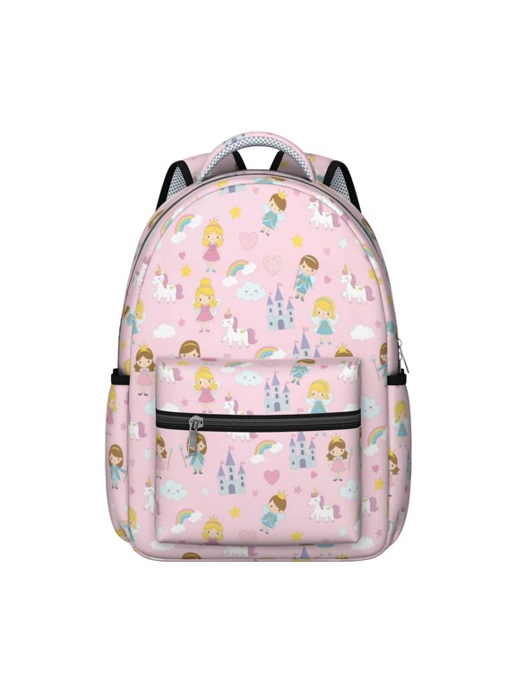 Princess and Knight Pink Pattern Backpack for School, Cute School Bag with Adjustable Shoulder Straps and Padded Back, 15.3"x11"x7.1"