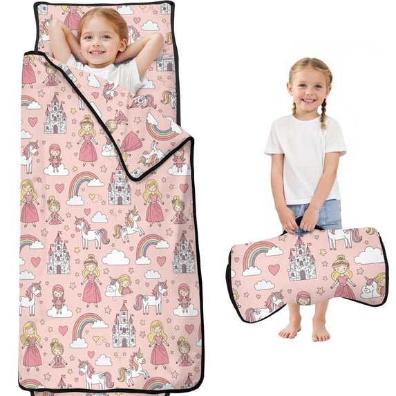 Princess and Knight Pink Pattern Teens Toddler Nap Mat with Pillow, Sleeping Mat Bag for Preschool Daycare 59"x22"