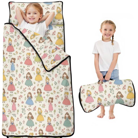 Princess and Leaf Beige Pattern Teens Toddler Nap Mat with Pillow, Sleeping Mat Bag for Preschool Daycare 50"x20"