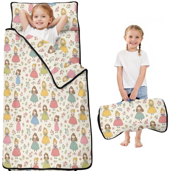 Princess and Leaf Beige Pattern Teens Toddler Nap Mat with Pillow, Sleeping Mat Bag for Preschool Daycare 51"x22"