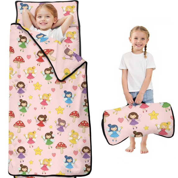 Princess and Mushroom Pink Pattern Teens Toddler Nap Mat with Pillow, Sleeping Mat Bag for Preschool Daycare 60"x20"