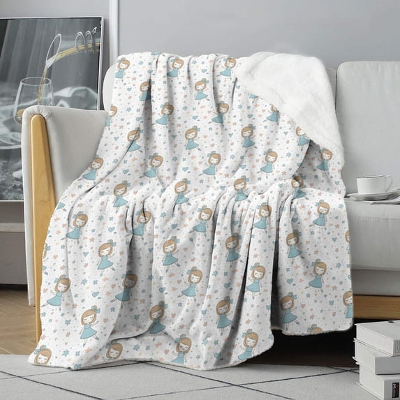 Princess and Star White Pattern Soft Sherpa Fleece Throw Blanket, Warm Cozy Plush Blanket for Sofa Bed Couch, All Season, 50"x60"