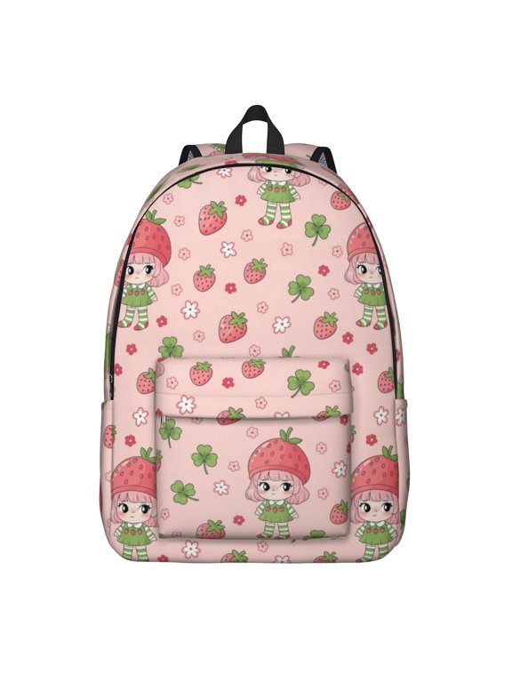 Princess and Strawberry Pink Pattern Backpack for School, Cute School Bag with Adjustable Shoulder Straps and Padded Back, 15.7"x11.8"x5.5"