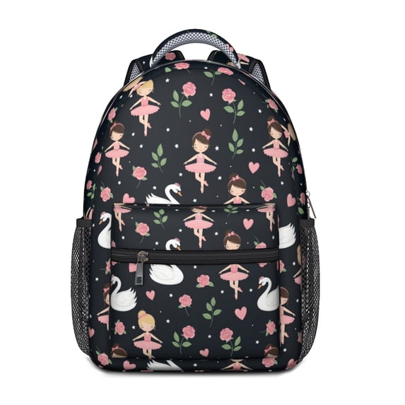 Princess and Swan Black Pattern Backpack for School, Cute School Bag with Adjustable Shoulder Straps and Padded Back, 15.3"x11"x6.7"