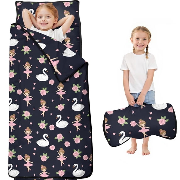 Princess and Swan Black Pattern Teens Toddler Nap Mat with Pillow, Sleeping Mat Bag for Preschool Daycare 60"x20"