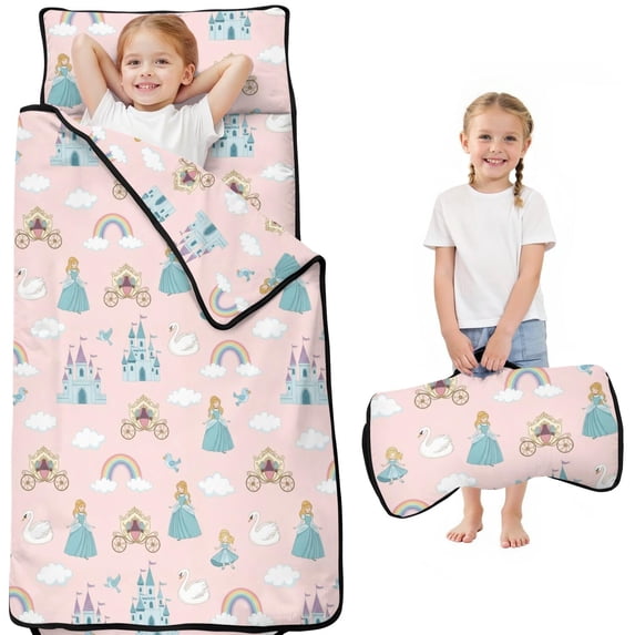 Princess and Swan Pink Pattern Teens Toddler Nap Mat with Pillow, Sleeping Mat Bag for Preschool Daycare 50"x20"