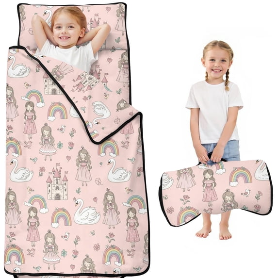 Princess and Swan Pink Pattern Teens Toddler Nap Mat with Pillow, Sleeping Mat Bag for Preschool Daycare 50"x20"