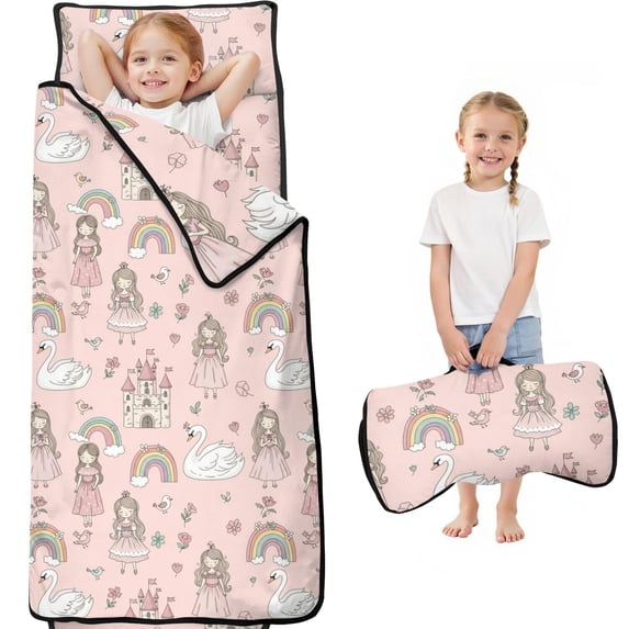 Princess and Swan Pink Pattern Teens Toddler Nap Mat with Pillow, Sleeping Mat Bag for Preschool Daycare 60"x20"