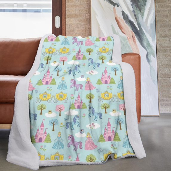 Princess and Unicorn Blue Pattern Soft Sherpa Fleece Throw Blanket, Warm Cozy Plush Blanket for Sofa Bed Couch, All Season, 60"x80"