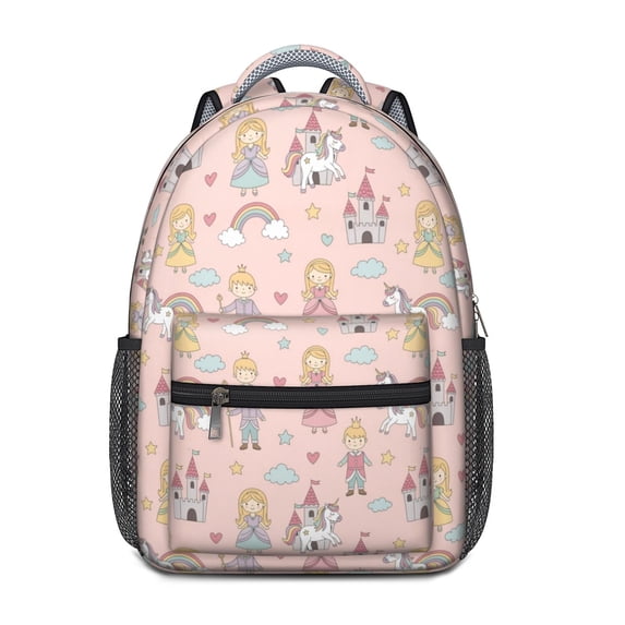 Princess and Unicorn Pink Pattern Backpack for School, Cute School Bag with Adjustable Shoulder Straps and Padded Back, 15.3"x11"x6.7"