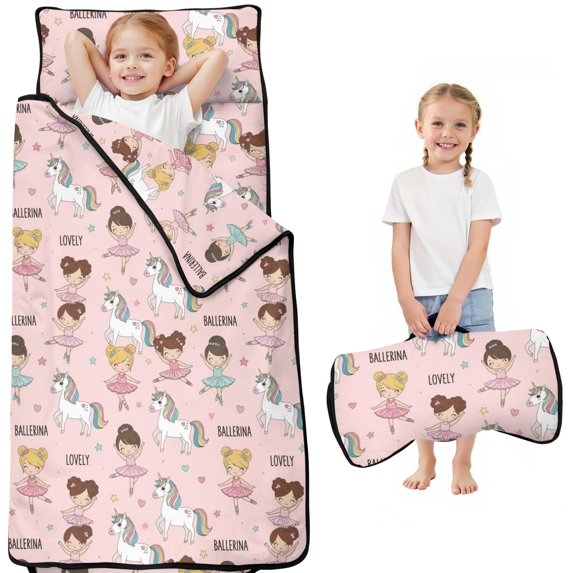 Princess and Unicorn Pink Pattern Teens Toddler Nap Mat with Pillow, Sleeping Mat Bag for Preschool Daycare 50"x20"