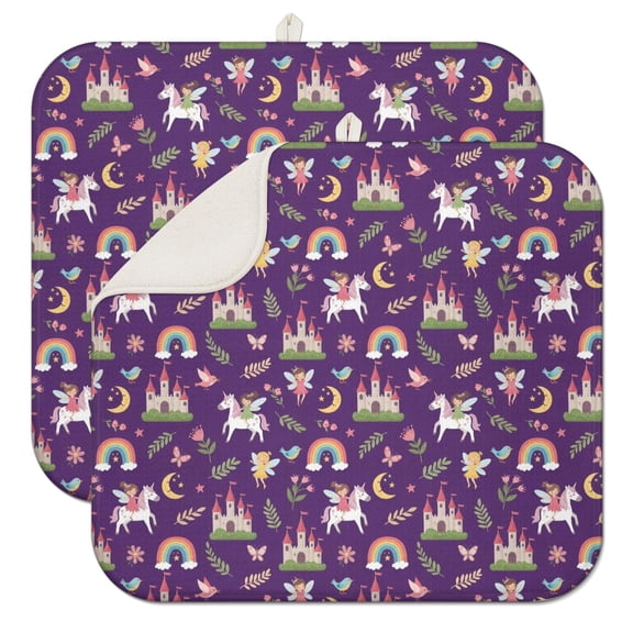 Princess and Unicorn Purple Pattern 2 Pack Kitchen Dish Drying Mat, Ultra Absorbent Microfiber Dish Drainer Mat, 16"x18"