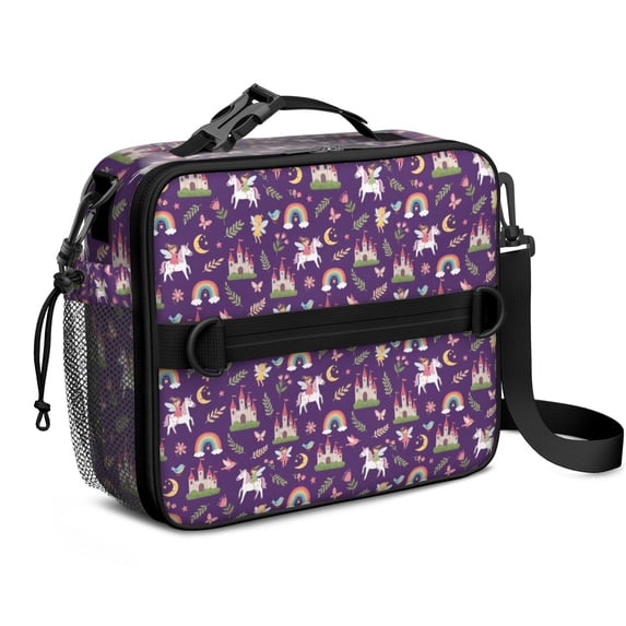 Princess and Unicorn Purple Pattern Insulated Lunch Bag with Shoulder Strap and Bottle Holder,Bento School Lunch Bag Box,11x9.5x3.5 Inches