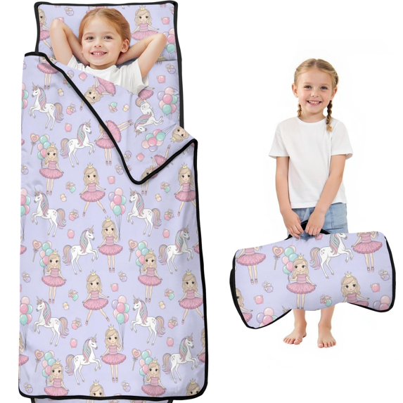 Princess and Unicorn Purple Toddler Nap Mat with Pillow & Blanket, Soft Sleeping Mat for Preschool Daycare Travel Sleepovers
