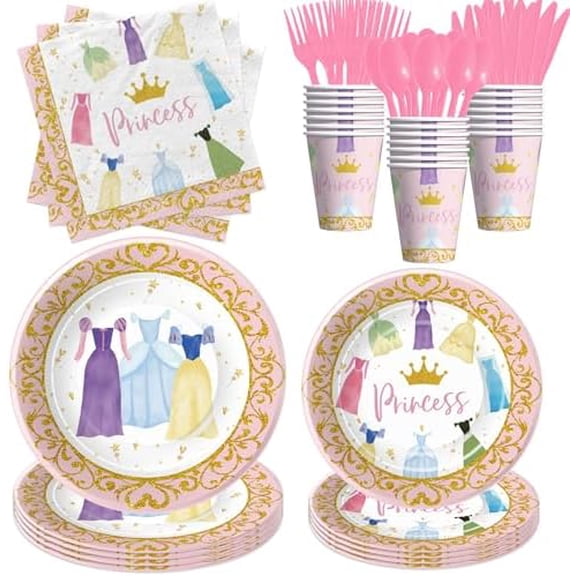Princess birthday party tableware set with plates, cups, napkins, and cutlery for 24 guests.