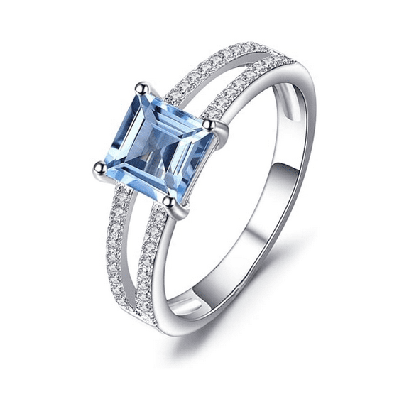 Princess cut Blue Topaz & Diamond wedding Band Ring in 925 Sterling Silver - Bridal Statement Ring - December Birthstone -