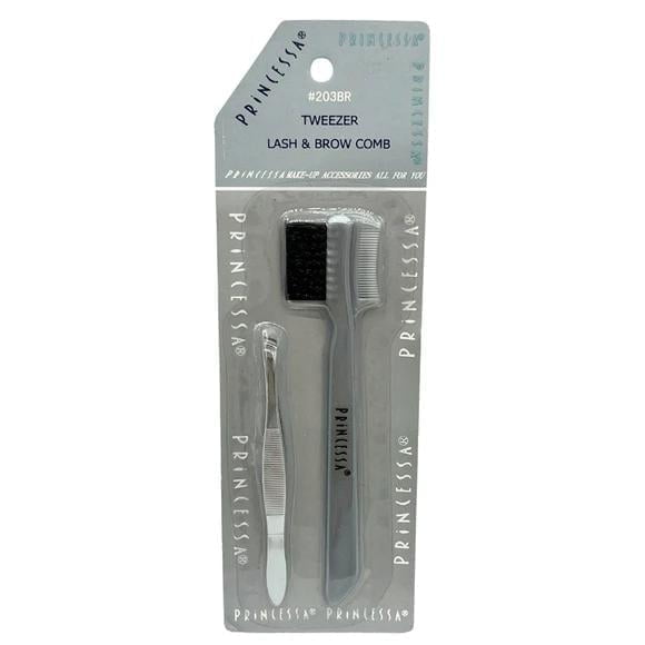 Princessa Slant Tweezer \u0026 Brow Comb Set Precision Tweezers with Lash Comb for Grooming