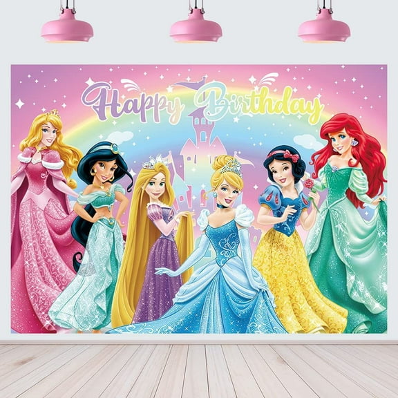 Princesses Cartoon Theme Birthday Flag Background Banner Children's Party Decoration supplies Photography Photo Prop ,70.8x43.3inch.