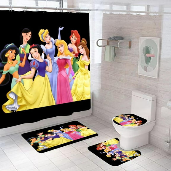 Princesses Shower Curtain, Bathroom 4 Pieces Set Toilet Lid Cover and Bath Mat, Non-Slip Rugs, Durable and Waterproof, for Bathroom Decor Set, 72" x 72"