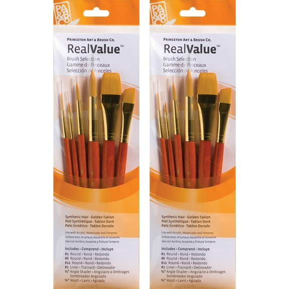 Princeton RealValue Brush Set, Gold Taklon Bristles, Short Handle Mixed Media Paintbrush, Orange, 6 Per Set, 2 Sets