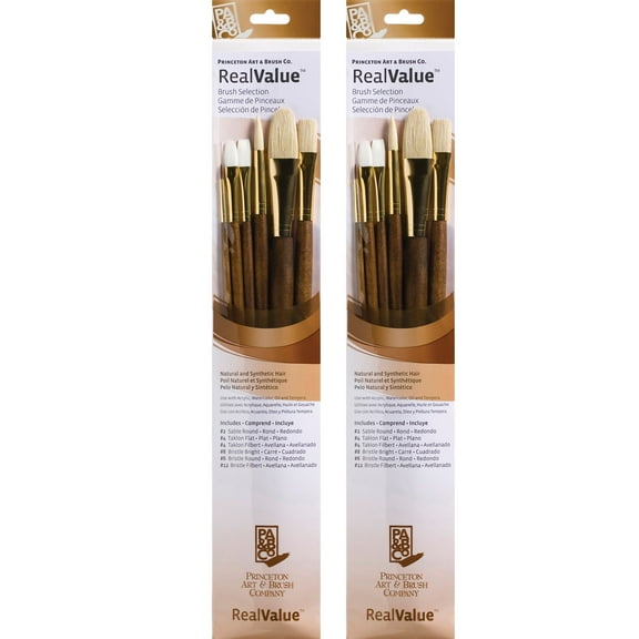 Princeton RealValue Brush Set, Natural Bristles, Long Handle Mixed Media Paintbrush, Brown, 6 Per Set, 2 Sets