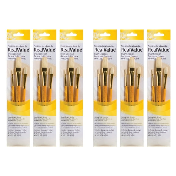 Princeton RealValue Brush Set, Natural Bristles, Short Handle Mixed Media Paintbrush, Yellow, 3 Per Set, 6 Sets