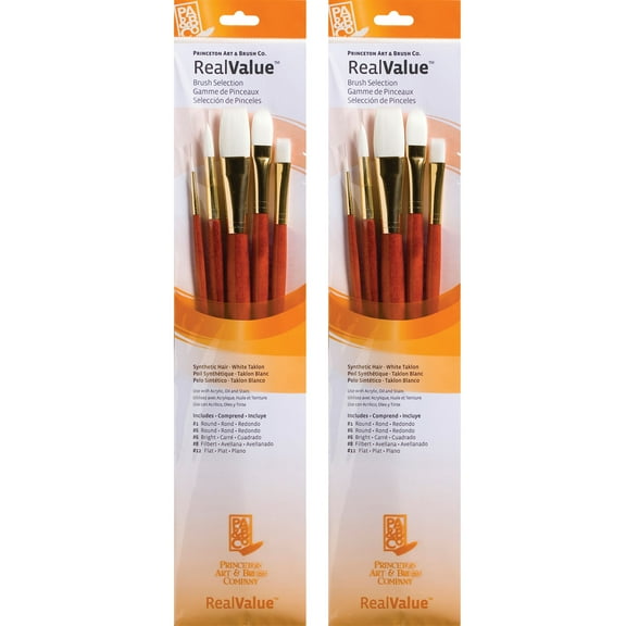 Princeton RealValue Brush Set, White Taklon Bristles, Long Handle Mixed Media Paintbrush, Orange, 5 Per Set, 2 Sets