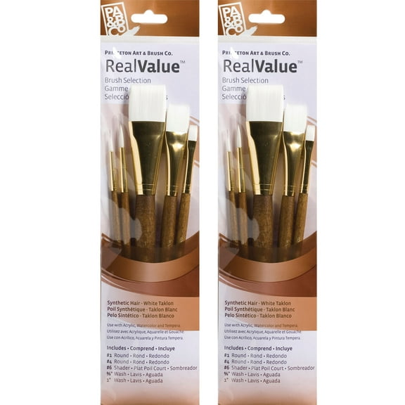 Princeton RealValue Brush Set, White Taklon Bristles, Short Handle Mixed Media Paintbrush, Brown, 5 Per Set, 2 Sets