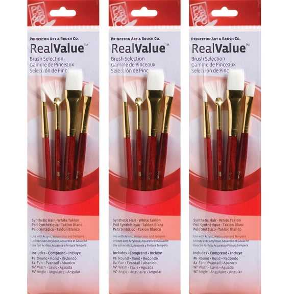 Princeton RealValue Brush Set, White Taklon Bristles, Short Handle Mixed Media Paintbrush, Red, 4 Per Set, 3 Sets
